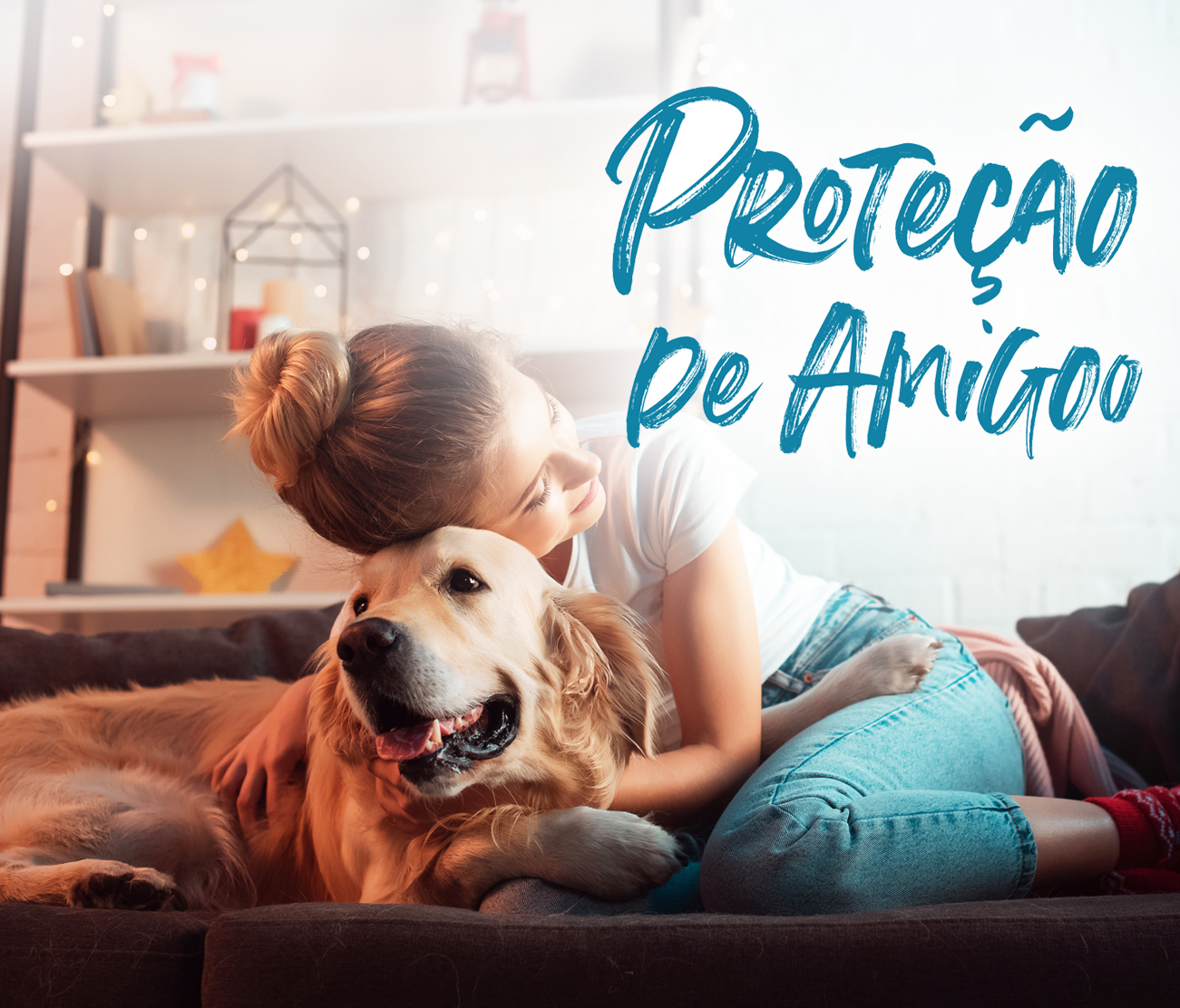 Cachorro feliz com selo Proteção de Amigos