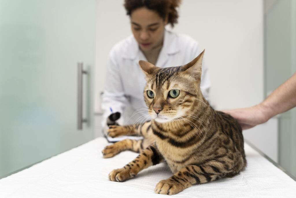 Gato sendo examinado por veterinário durante avaliação de saúde e triagem para esporotricose