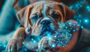 Inteligência artificial na saúde pet analisando dados de um filhote de cachorro