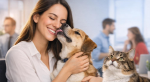 planos de saúde pet como benefício corporativo com colaboradora e pets no trabalho