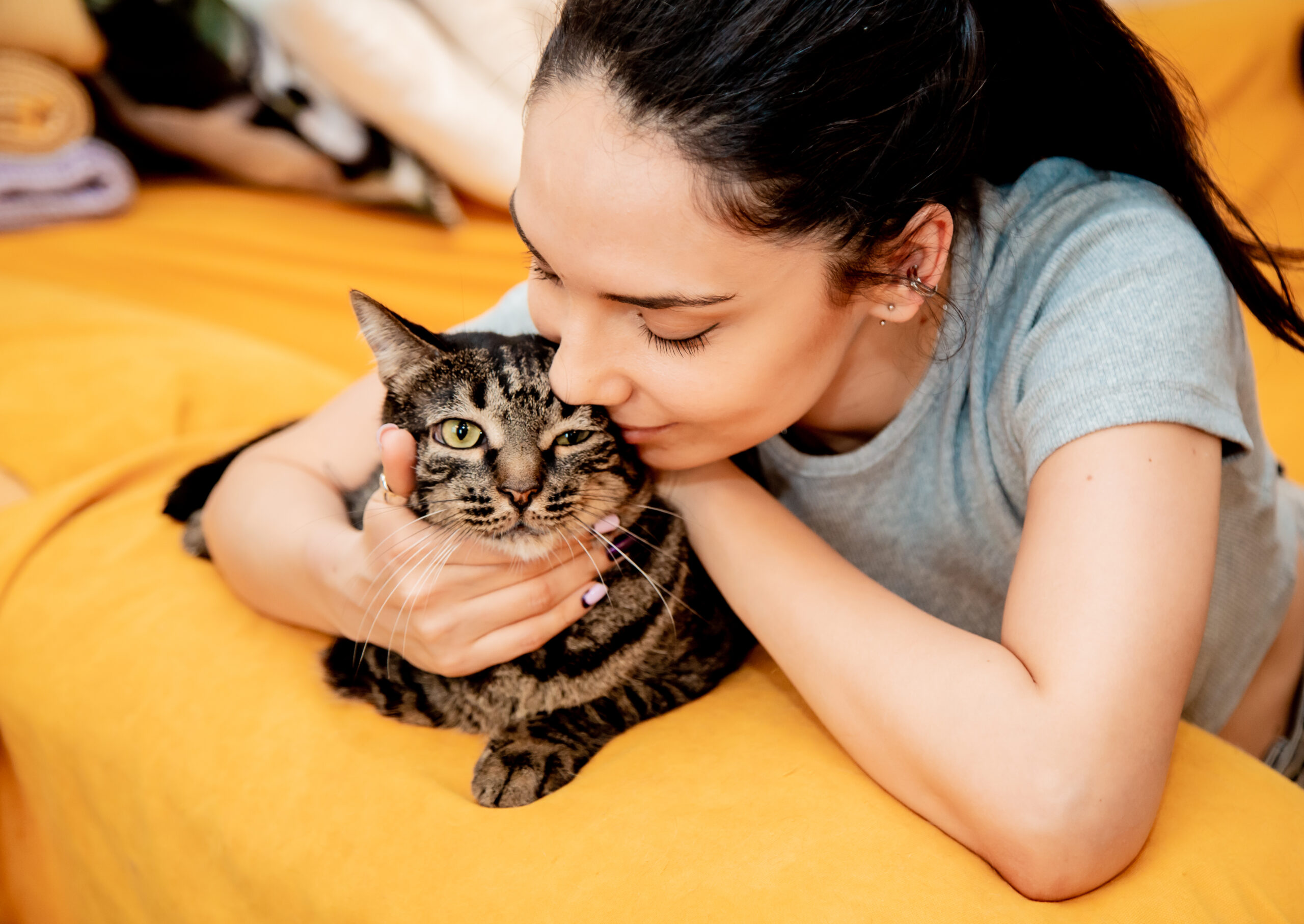 Experiência do tutor no mercado pet: mulher abraçando seu gato em momento de carinho